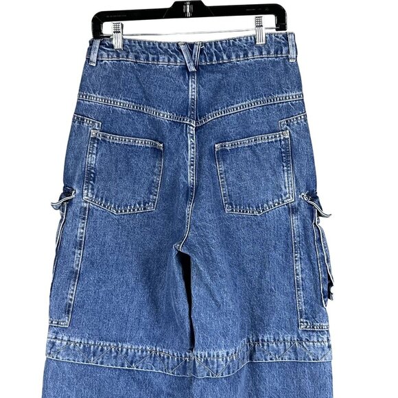 Zara Womens 6 Baggy Hi Rise Wide Leg Utility Multi Pocket Cargo Blue Denim - Picture 5 of 16